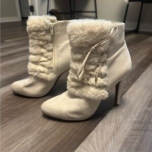 Jennifer Lopez off white Fur-Trimmed Ankle Boots